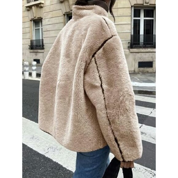 Faux Fur Jacket Women's Winter Coat Button Down Stand Collar Long Sleeve - Picture 7 of 8